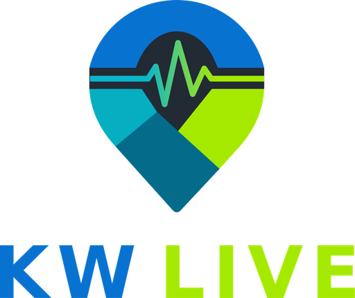 Original KW Live logo: a map pin and pulse in blue, teal and green.